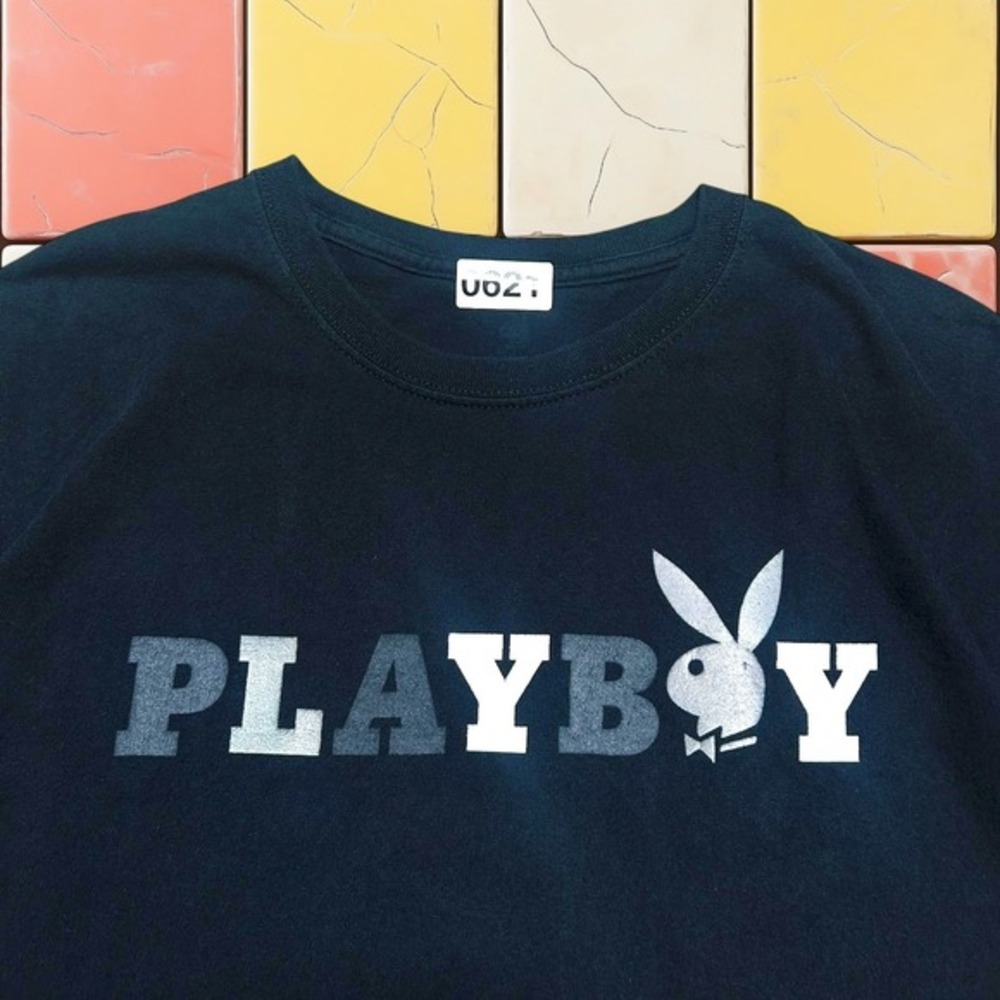 Y2K Playboy Bunny‎ Logo Tee L Black Metallic Graphic Streetwear T-Shirt Men's - Picture 2 of 8